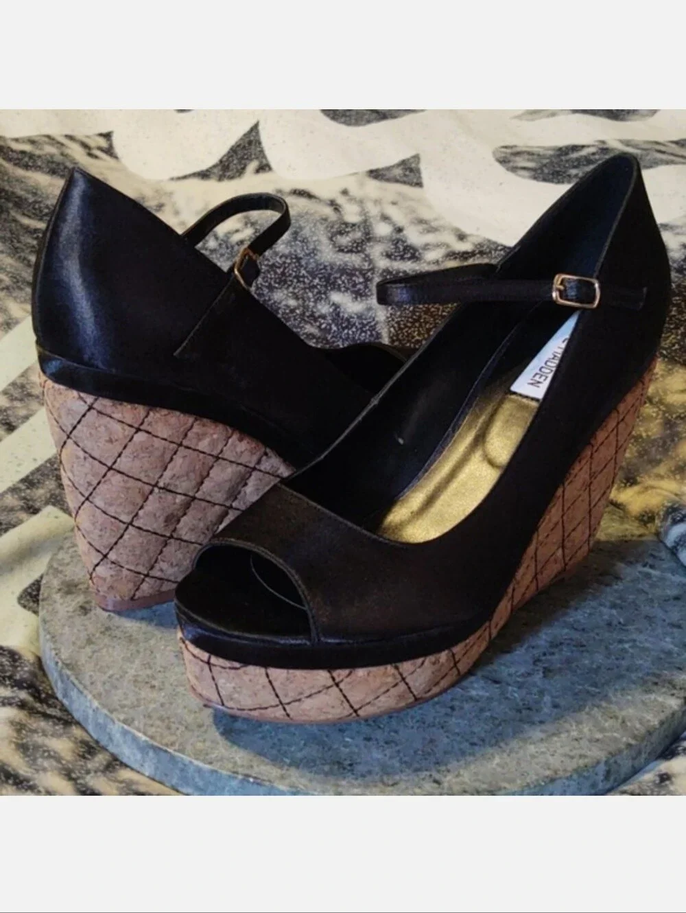MASTTER Steve Madden Black Satin Cork Wedge Size 9.5